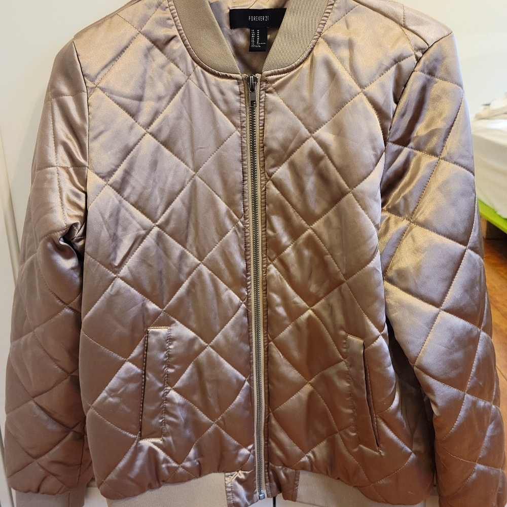 F21 Silk Quilted Bomber Jacket Rose Gold
